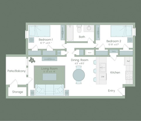 Floor plan for 2 beds, 1 bath, 820 sqft